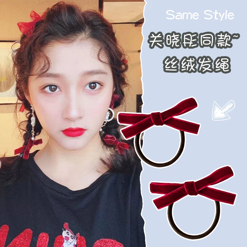 Red Velvet and Lace Bow Hair Clip and Hair Tie